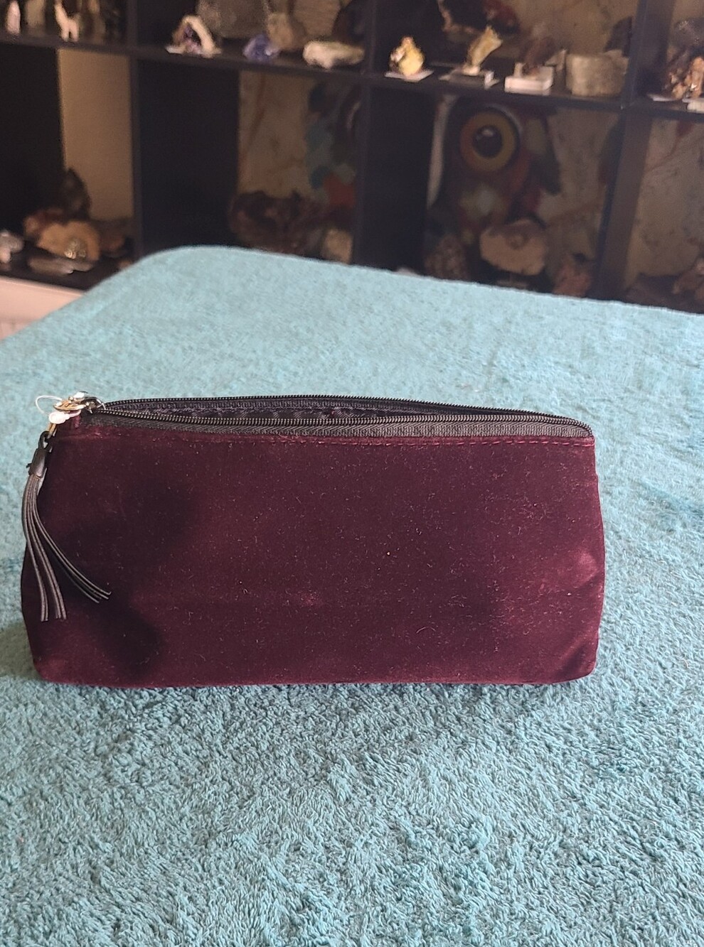 Velvet 'Naughty' Wristlet Cosmetic Pouch with Heart Charm - Burgundy - Picture 4 of 9